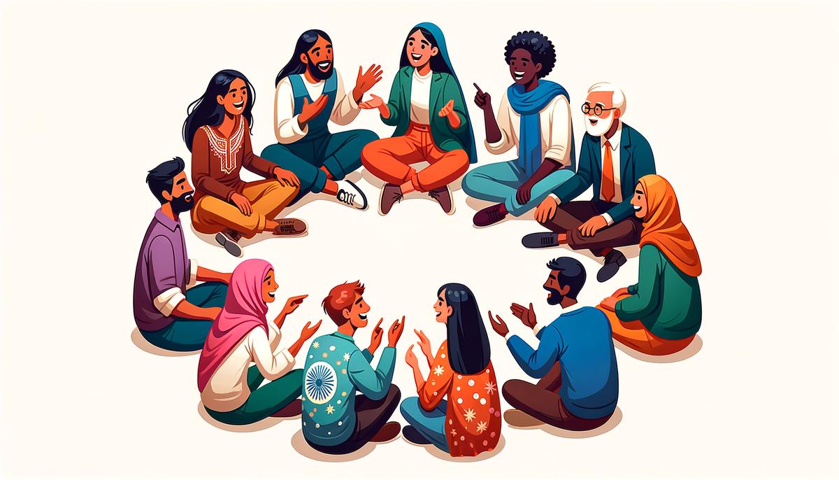 A group of people of different ethnicities speaking in a circle, representing the diversity of languages in India